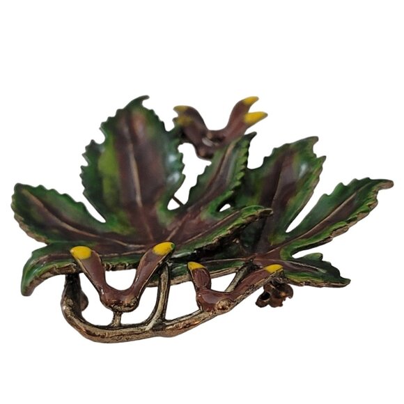 Vintage Green Brown Enamel Sycamore Maple Leaf, Seed Brooch Pin E639 - Picture 5 of 6